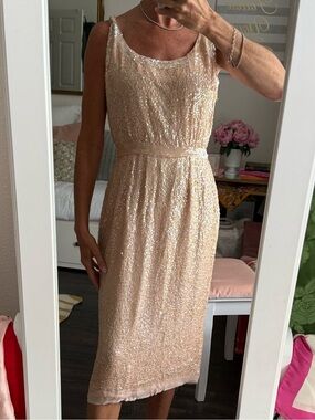 Vintage Hong Kong Blush Sequin Beaded Cocktail Dress 60s Party Glam